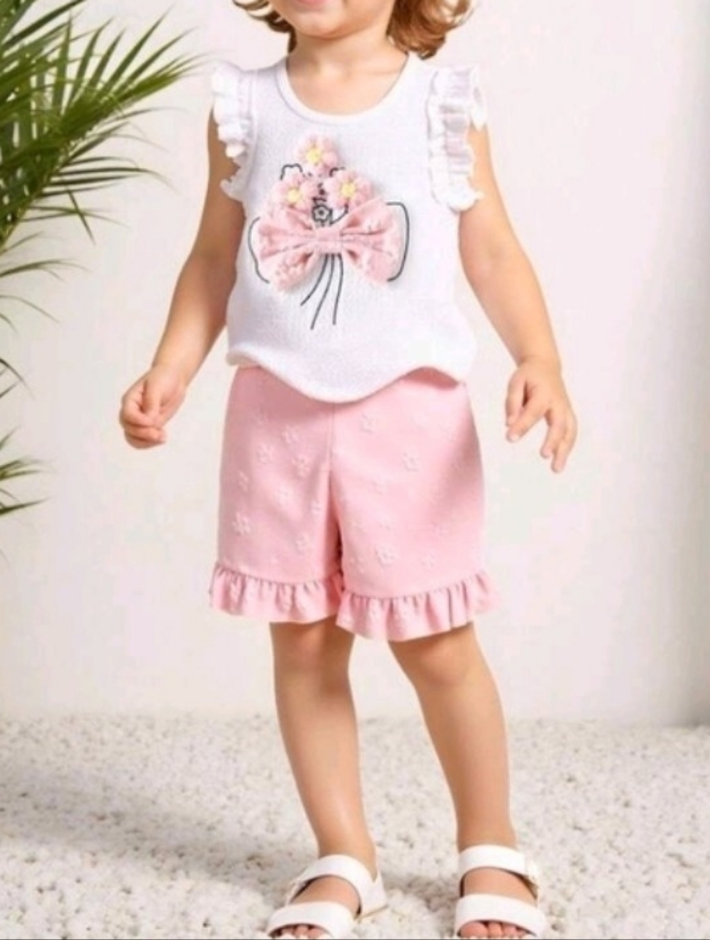 SHEIN White & Pink Ruffle Sleeve Tank Top and Bow Shorts Set
